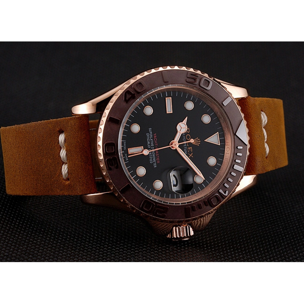 Best AAA Replica Sites Black Rose Gold Bezel Bracelet Yacht Brown Master 1453860 Brown Leather Dial Case Rolex 0712
